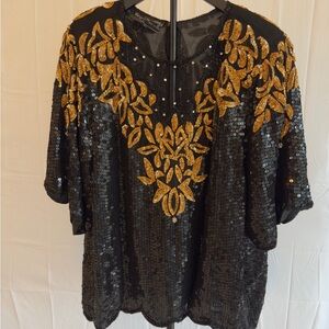 Vintage Silk Elegant Black and Gold Sequin Blouse